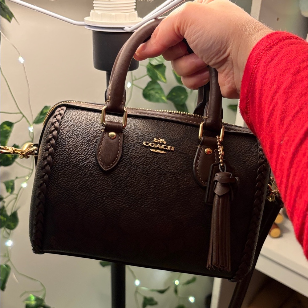 Coach Dark Brown Rowan mini  Leather Satchel with fringe and braid